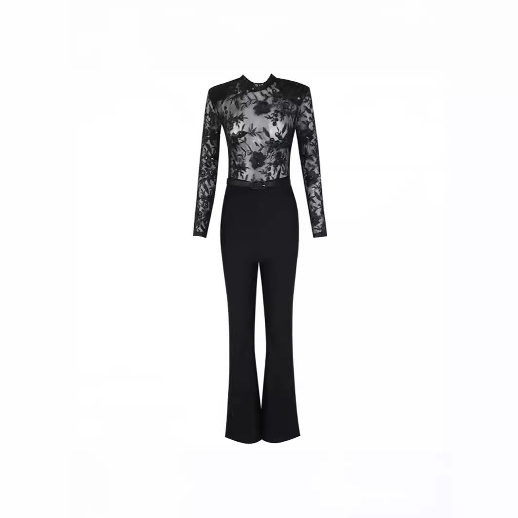 Fashionable See-through Lace Bandage Long-sleeved Trousers Women's Evening Dress Jumpsuit