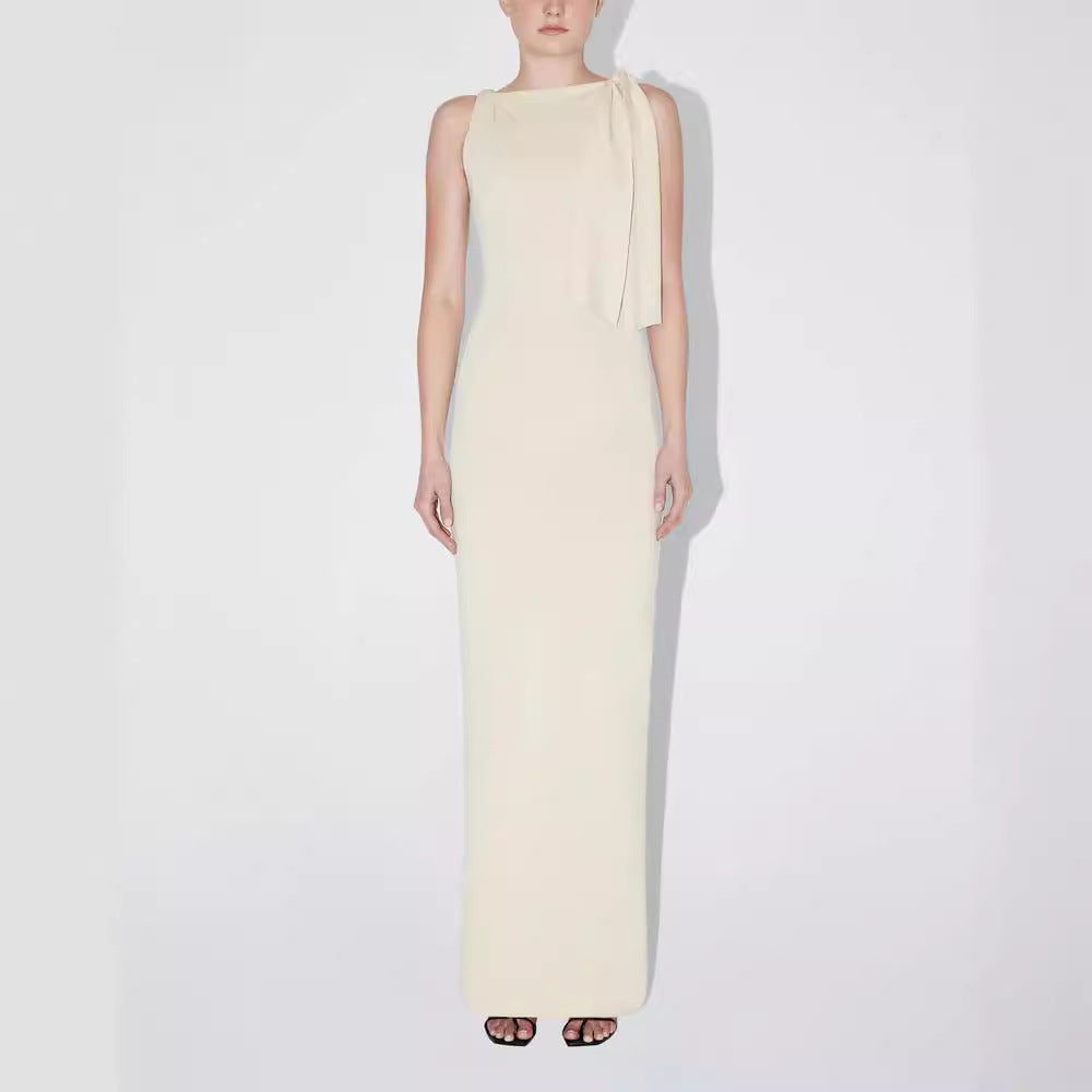 Flat Shoulder Asymmetric Ribbon Dress Slim-fit Sexy Sheath Dress