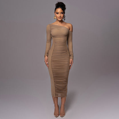 Women's Diagonal Collar Long Sleeve High Waist Mesh Dress