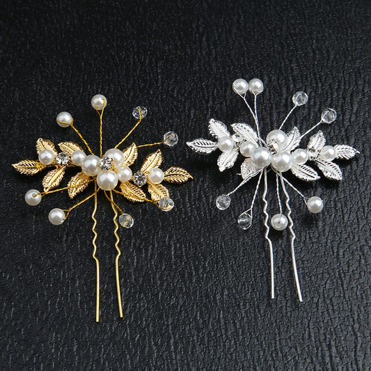 European And American U-shaped Hair Pin Golden Leaf Pearl Hairpin