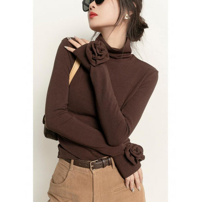 Brown Micro Velvet Lined Turtleneck Bottoming Shirt For Women