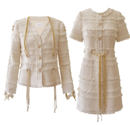 Fashionable Wool Tweed Coat With Short Sleeve Dress