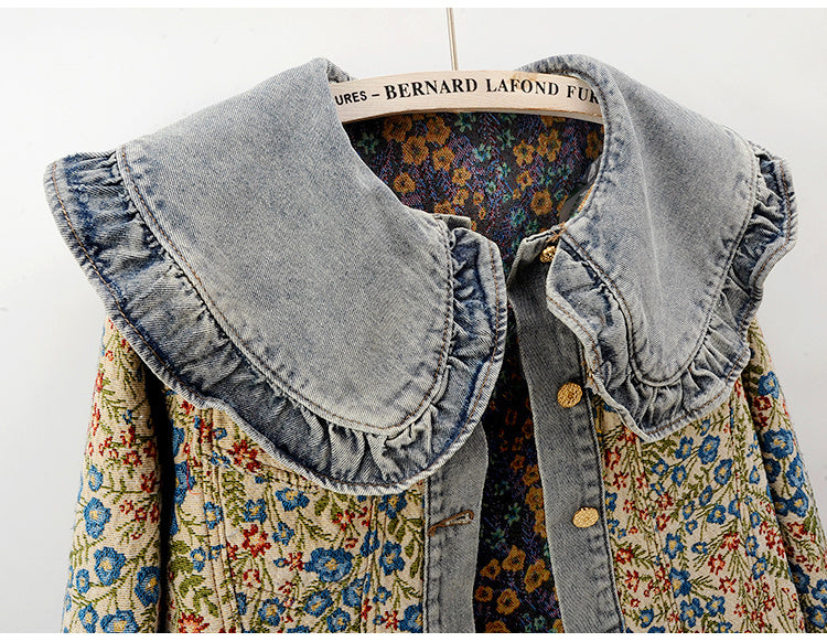 Spring New Super Nice Jacquard Long Sleeve Doll Collar Denim Coat For Women