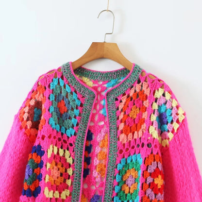 Contrasting Color Square Round Neck Sweater Coat