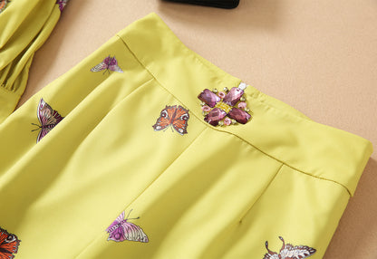 New Beaded Stand-up Collar Long-sleeved Shirt High-waist Straight-leg Printed Trousers Suit
