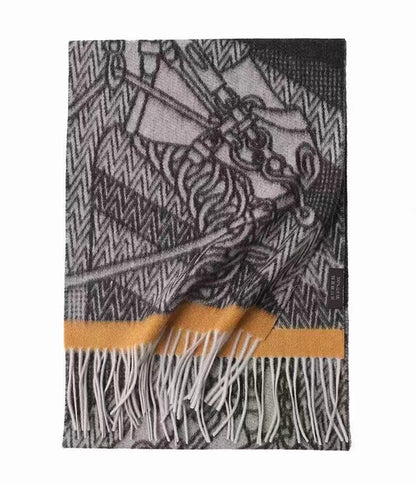 Vintage Jacquard Pattern Cashmere Tassel Scarf