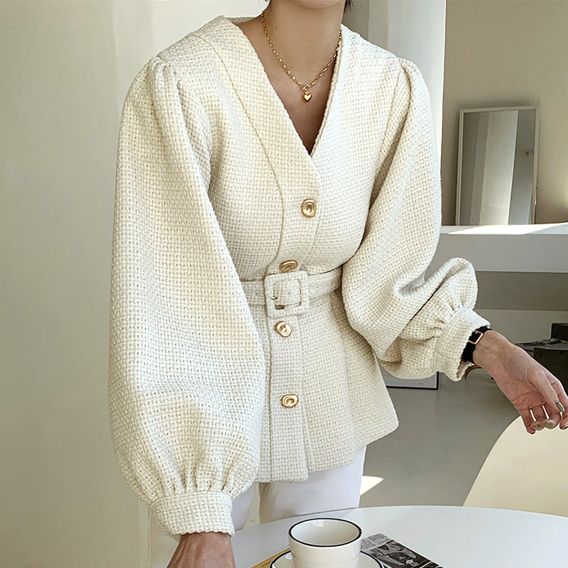 Single Breasted Loose Lantern Sleeve Jacket With Belt Women