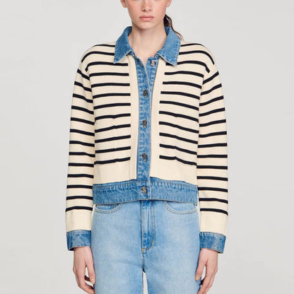 Collar Contrast Color Striped Knitted Short Coat