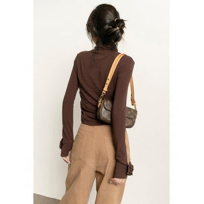 Brown Micro Velvet Lined Turtleneck Bottoming Shirt For Women