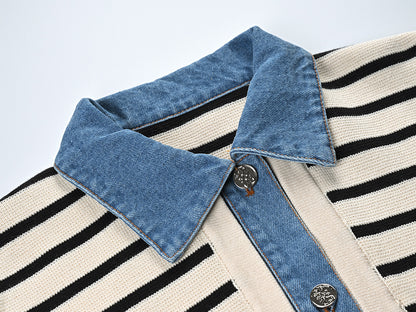 Collar Contrast Color Striped Knitted Short Coat