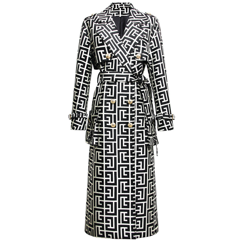 Printed Medium-long Black Trench Coat