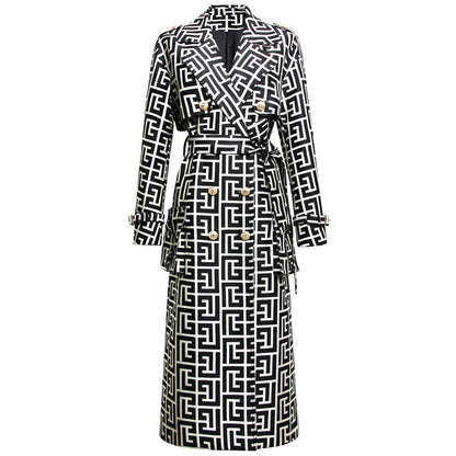 Printed Medium-long Black Trench Coat