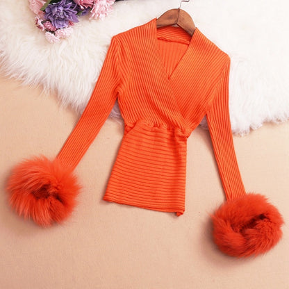 Furry Sleeves Cross V-neck Knit Sweater With Waist Waist Top Women