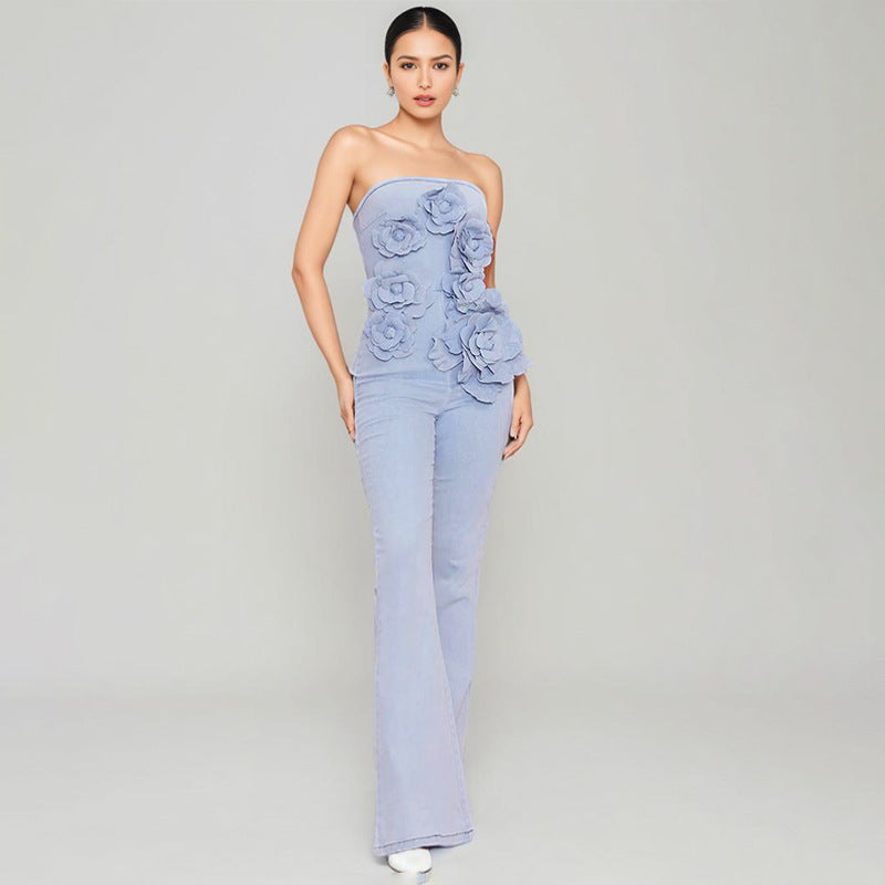 Elegant Commuter Tube Top Three-dimensional Flower High Waist Jumpsuit