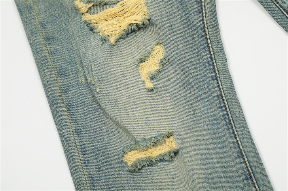 Pan Yellow Denim Broken Holes Pants Men