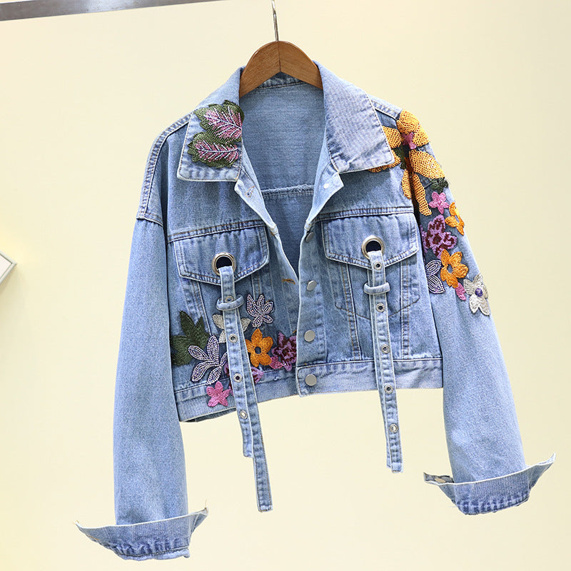 Women's Short Denim Jacket With Flower Embroidery