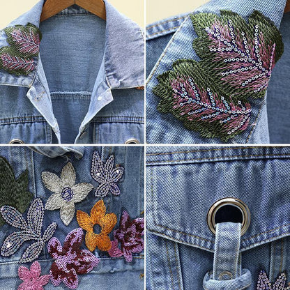 Women's Short Denim Jacket With Flower Embroidery