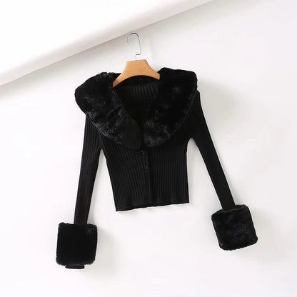 Thinning Threaded Rabbit Fur Collar Sweater Cardigan