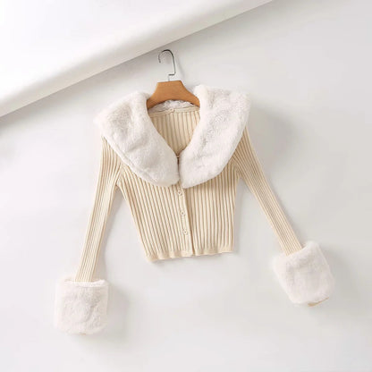 Thinning Threaded Rabbit Fur Collar Sweater Cardigan