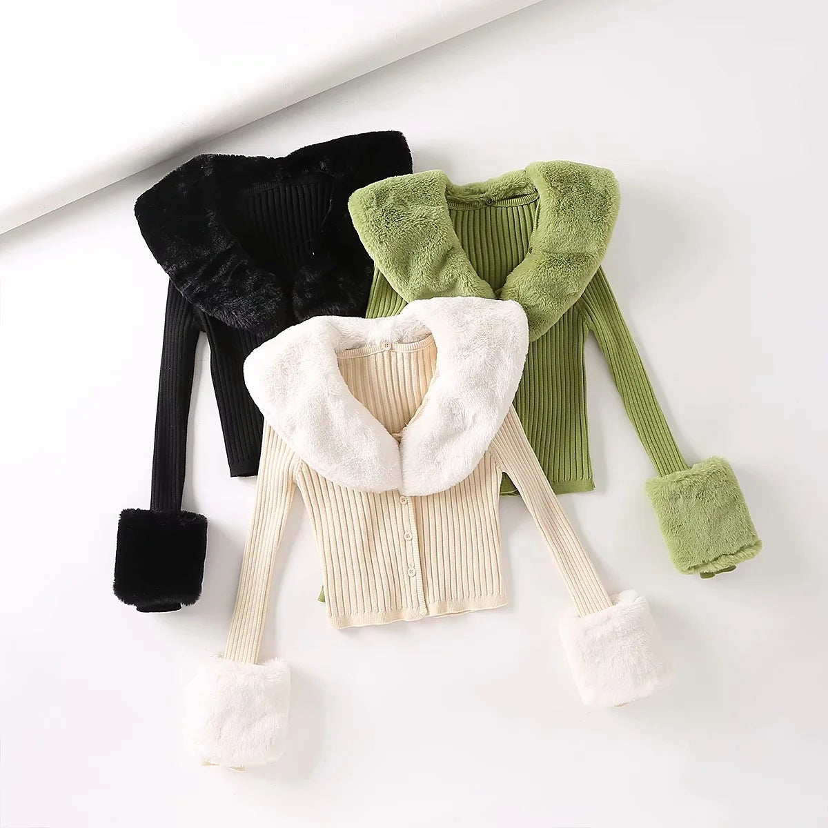 Thinning Threaded Rabbit Fur Collar Sweater Cardigan