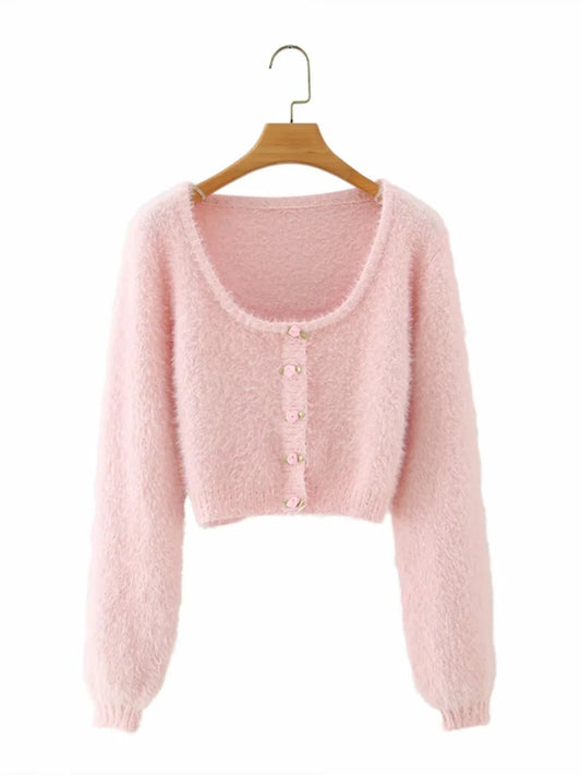 Single-breasted Plush Floret Long-sleeved Knitted Cardigan