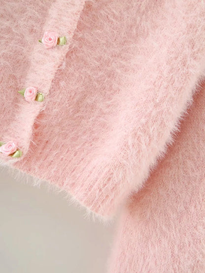Single-breasted Plush Floret Long-sleeved Knitted Cardigan