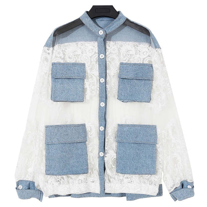 Patchwork denim loose-fitting blazer