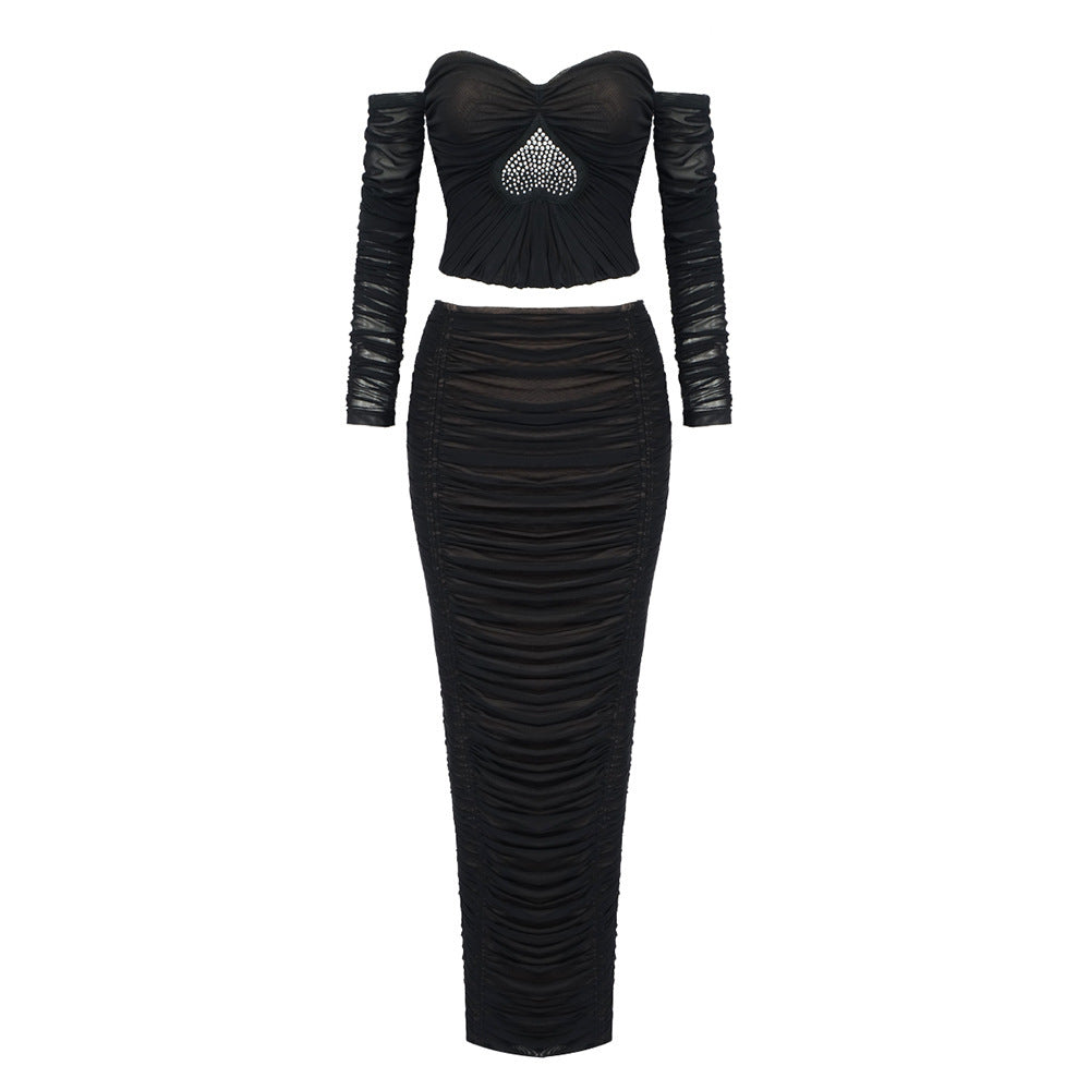 Women's Heart-shaped Rhinestone Pleated Mesh French Dress