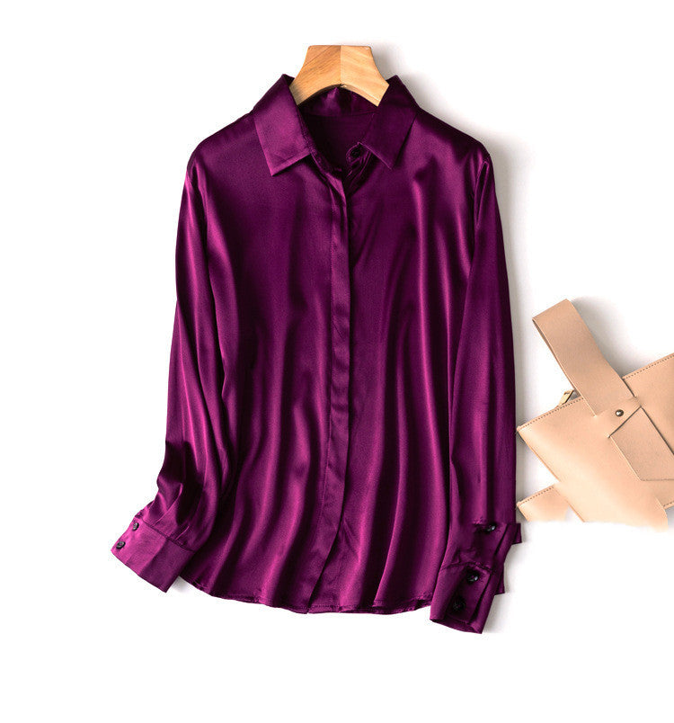 Silk Stretch Plain Crepe Satin Simple Light Luxury Long-sleeved Square Collar Shirt Female Commuter