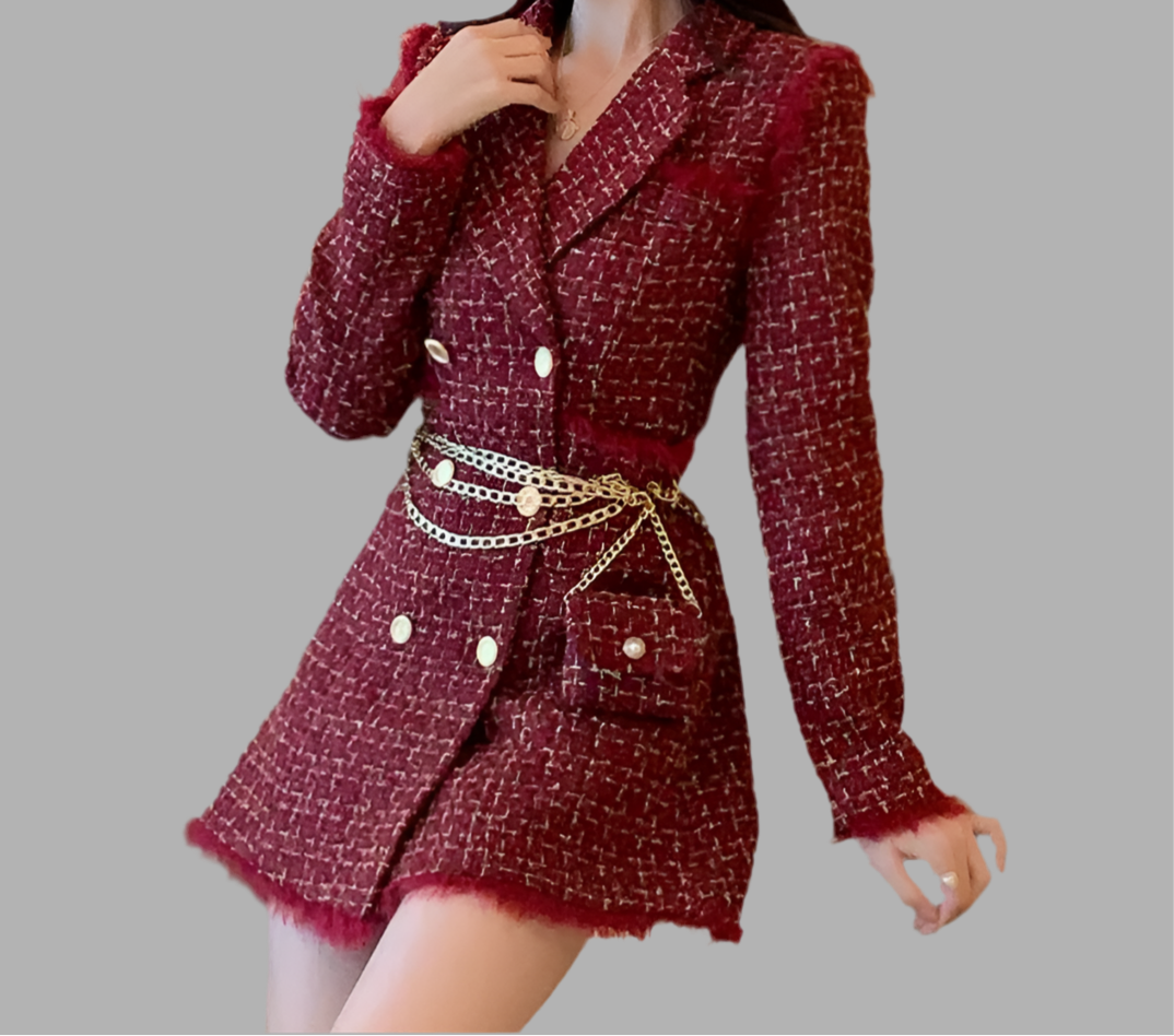 New Gold thread Plaid Suit Coat Women Notched Double breasted Feather Tassel Trim Slim Tweed Jacket With Free Belt bag