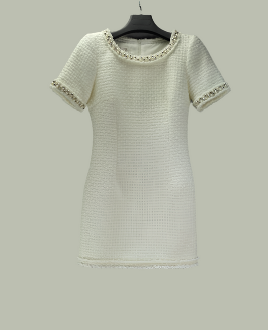 Women's Socialite Chanel Jumpsuit White Wool Short Sleeve Dress