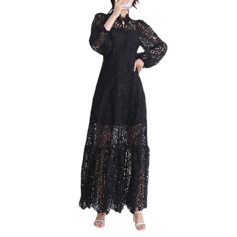 Women's Stand Collar Long Sleeve Waist Long Embroidery Hollow Dress