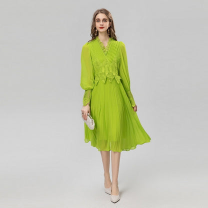 Pleated V-neck Long-sleeve Dress Women