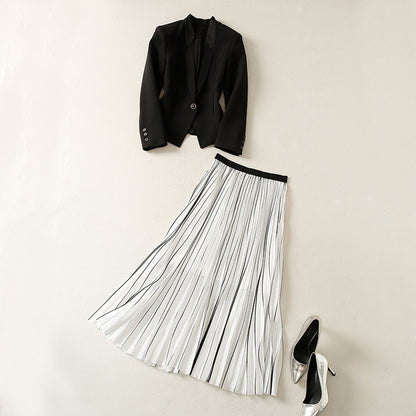 Black Small Suit Coat Two Piece Pleated Half Skirt Set Women