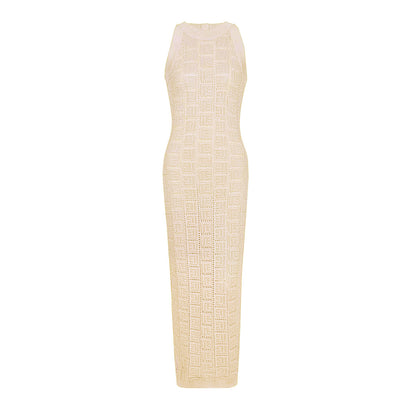 Long Sleeve Round Neck Hollow Out Knitwear Dress Vest