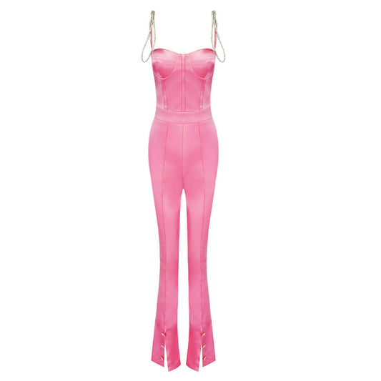 Diamond Sling T-Neck Solid Color Jumpsuit