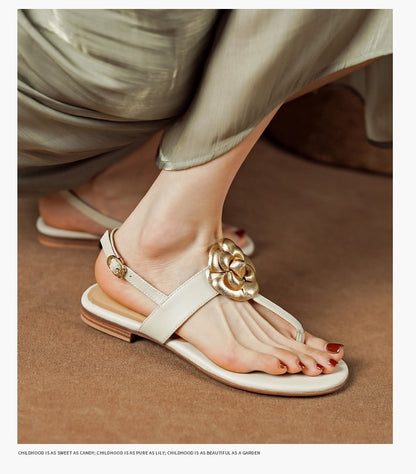 Sheepskin Preppy Style Flip-toe Flat With Flower Open Toe Women's Sandals