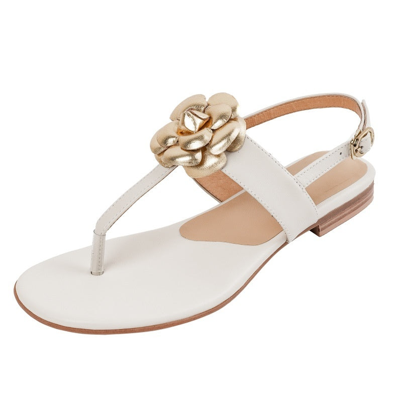 Sheepskin Preppy Style Flip-toe Flat With Flower Open Toe Women's Sandals