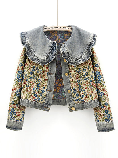 Spring New Super Nice Jacquard Long Sleeve Doll Collar Denim Coat For Women