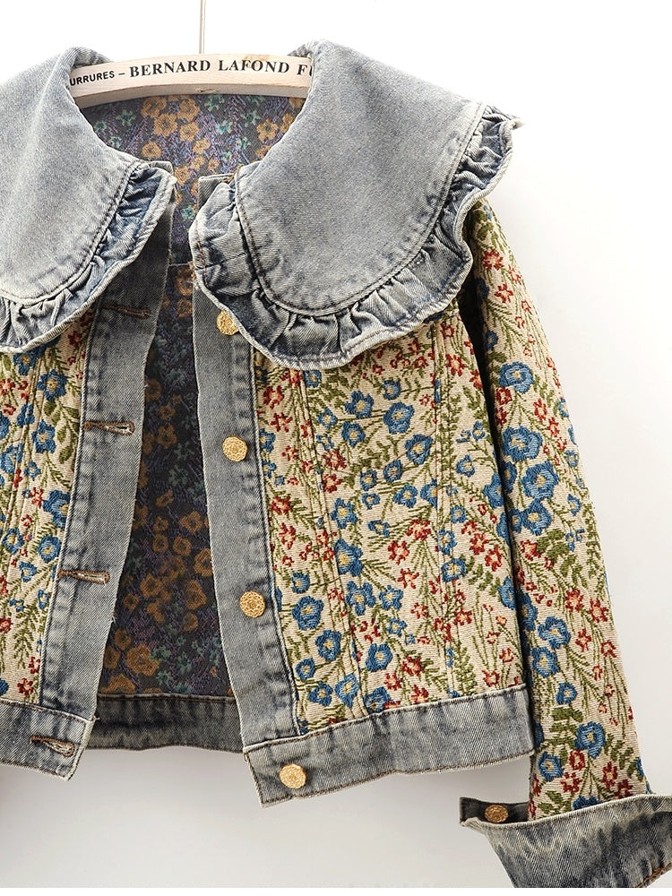 Spring New Super Nice Jacquard Long Sleeve Doll Collar Denim Coat For Women