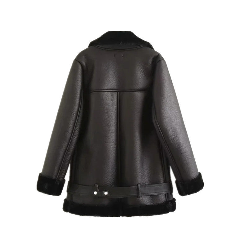 Jacket Tops Women's Trendy Belt PU Leather Jacket