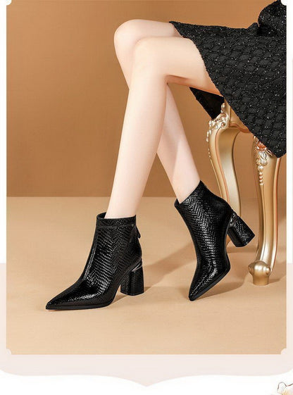 Autumn And Winter Pointed Toe Leather Ankle Boots Women's Thick Heel Zipper High Heels