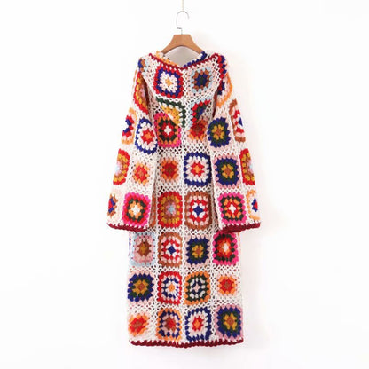 Women's handmade crochet lace up mid length hooded sweater coat
