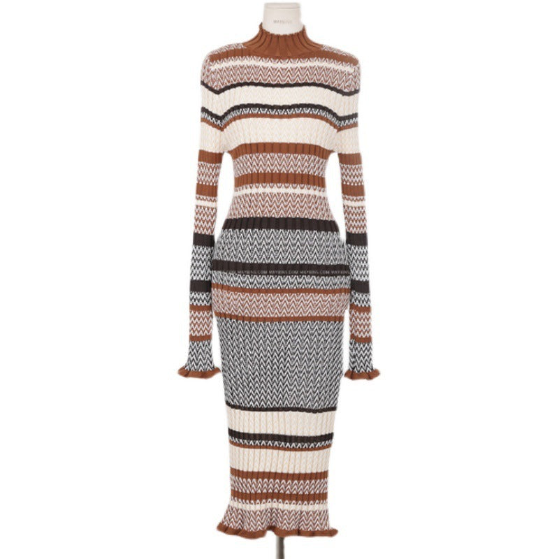 Slim Fit Long Knitted Colorblock Sweater Base Dress