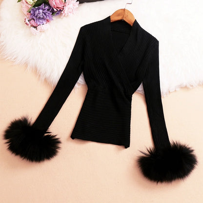 Furry Sleeves Cross V-neck Knit Sweater With Waist Waist Top Women