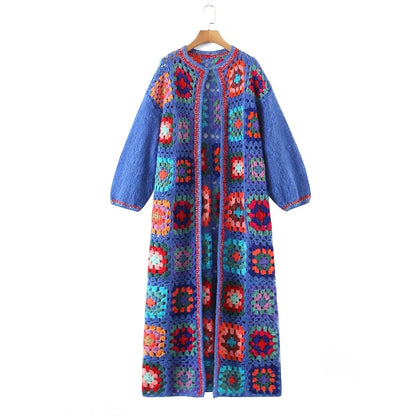 Contrasting Color Square Round Neck Sweater Coat