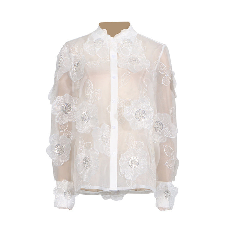 Fashion Polo Collar Heavy Industry Organza Embroidery Three-dimensional Flowers Sequin Stitching Sense Of Design Shirt