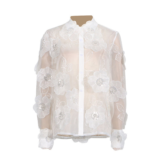 Fashion Polo Collar Heavy Industry Organza Embroidery Three-dimensional Flowers Sequin Stitching Sense Of Design Shirt