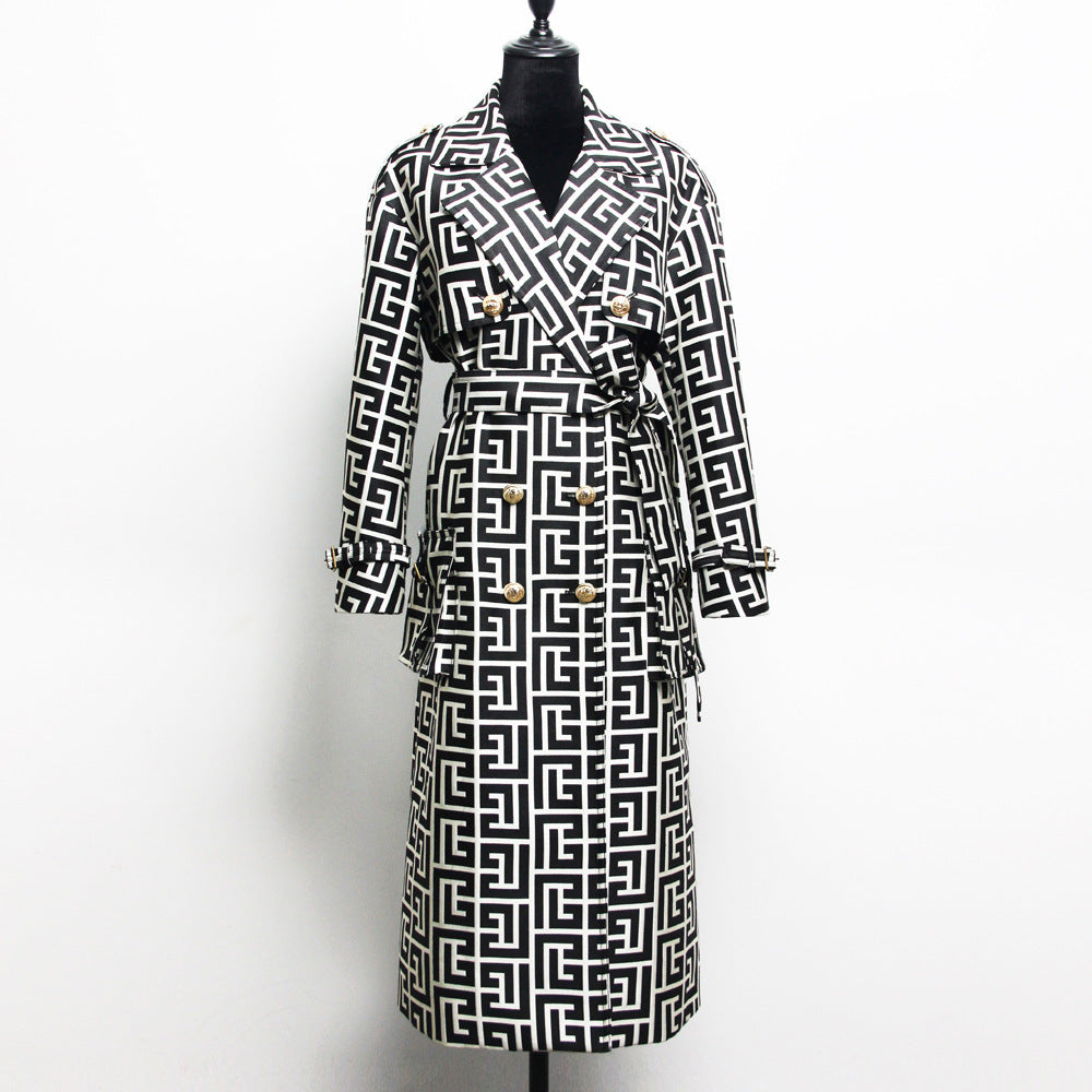 Printed Medium-long Black Trench Coat