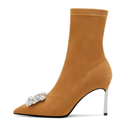 Pointed High-heeled Rhinestone Buckle Elastic Mid-tube Women's Socks Boots